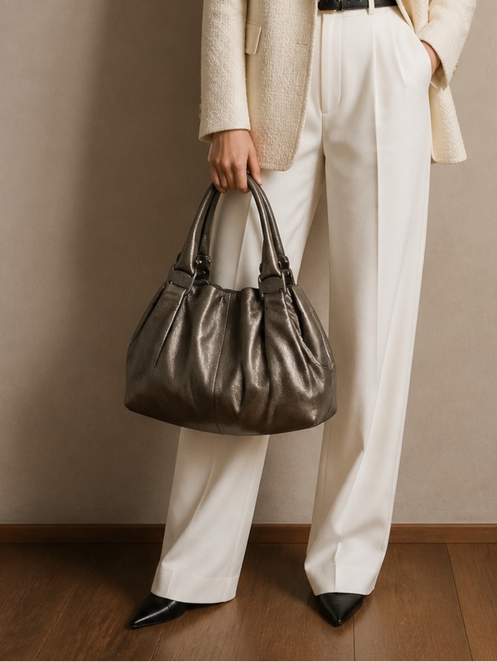 Salvatore Ferragamo Metallic Grey Leather Hobo Bag